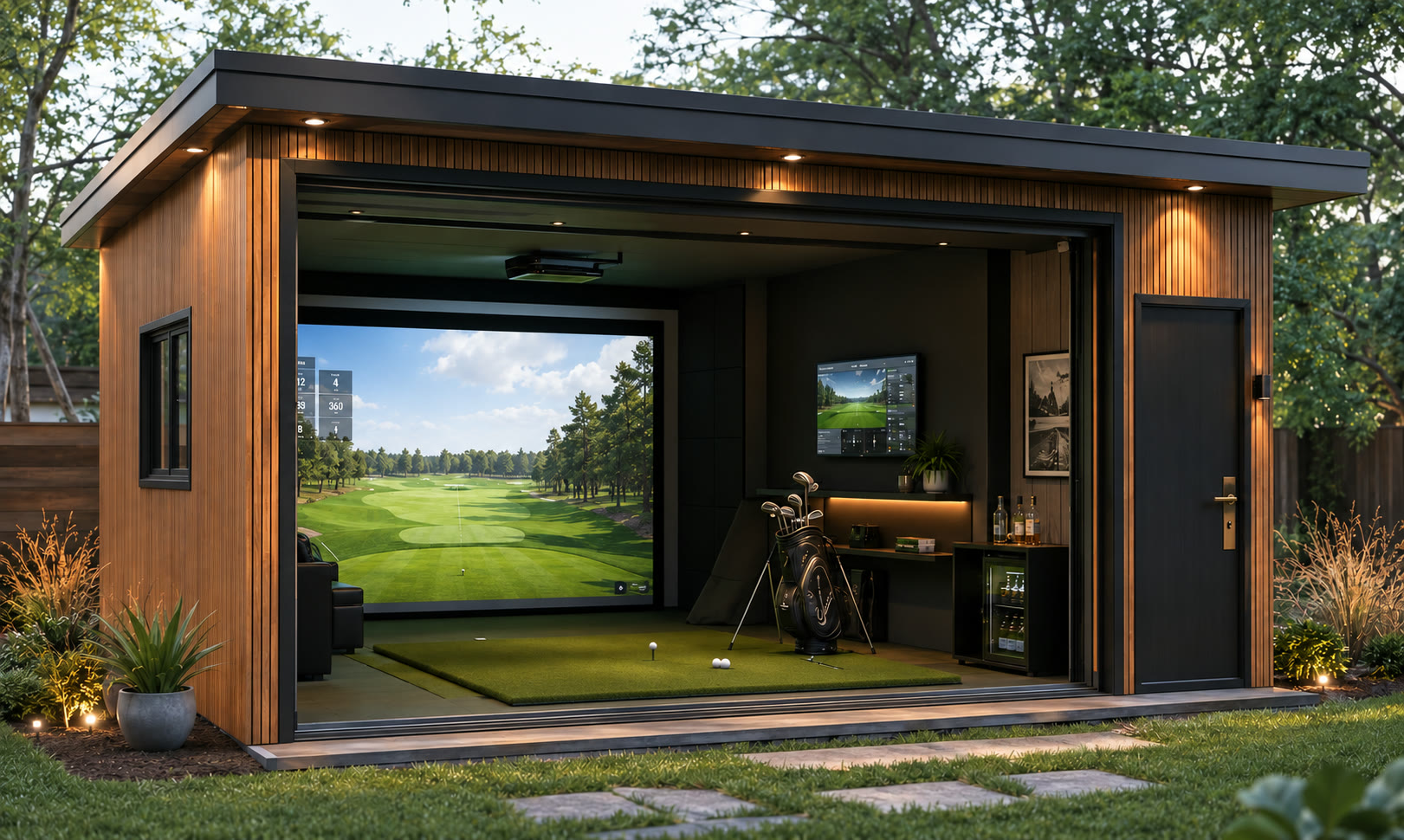 A Fairway House golf simulator structure at dusk, doors open to the simulator bay.