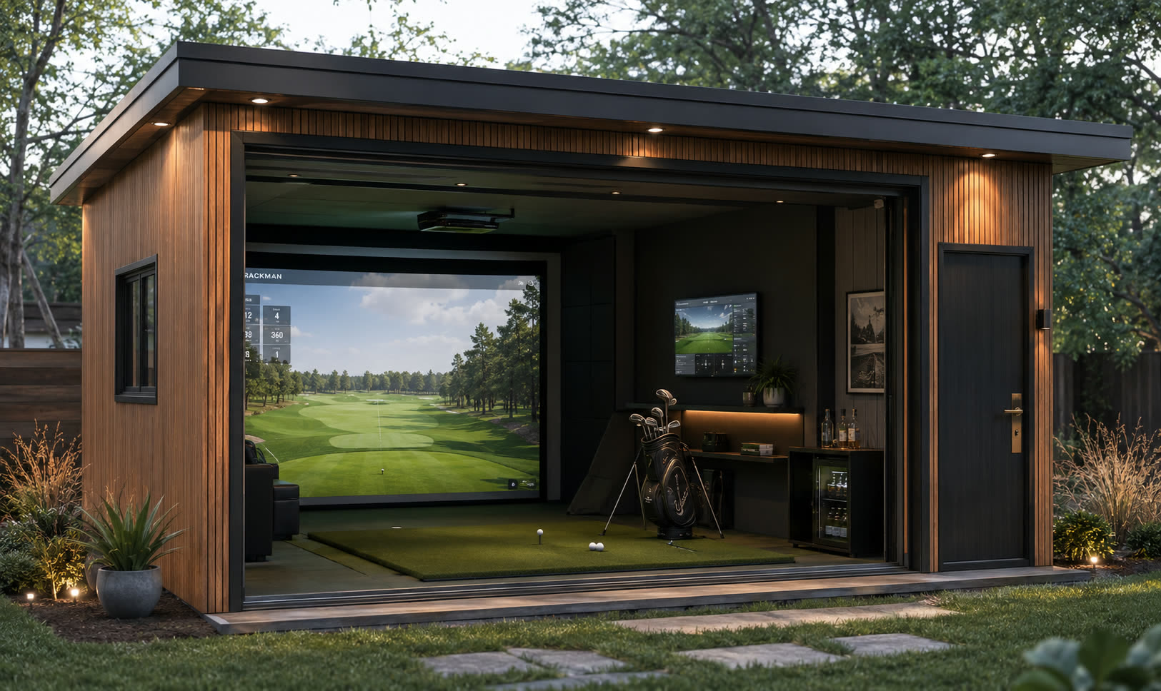 A Fairway House golf simulator structure at dusk, doors open to a Full Swing bay.