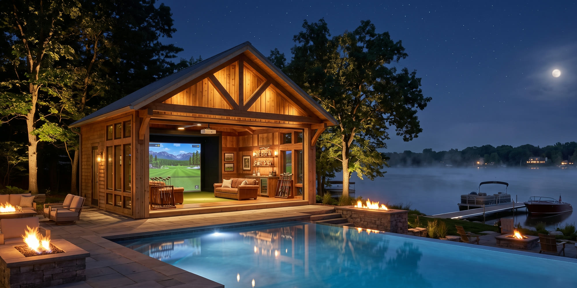 A lakeside golf simulator structure lit up at night, beside a pool and fire pits with a dock on the water
