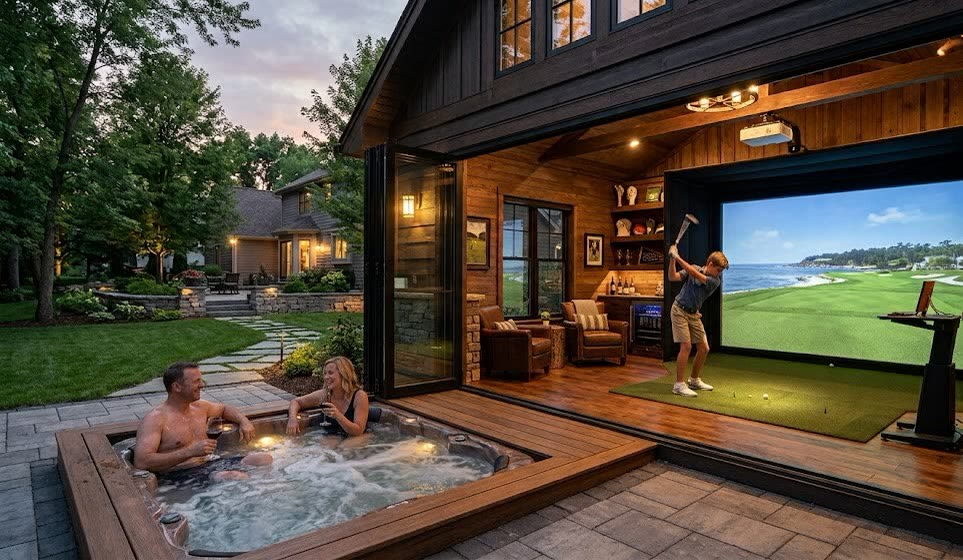 A custom golf simulator structure at dusk — hot tub on the deck, lounge and bar inside, and a swing in progress in the open bay