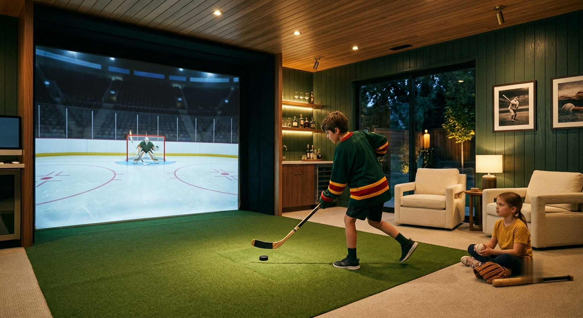 A boy in a green hockey jersey shooting a puck at a virtual hockey rink on the simulator screen while his sister waits with a baseball and glove